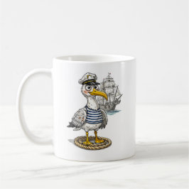 Caneca De Café Gaivota Marinheiro com Corda e Navio ao Fundo