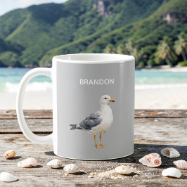 Caneca De Café Gaivota Pássaro Praia Oceano Costa Aquarela Branca