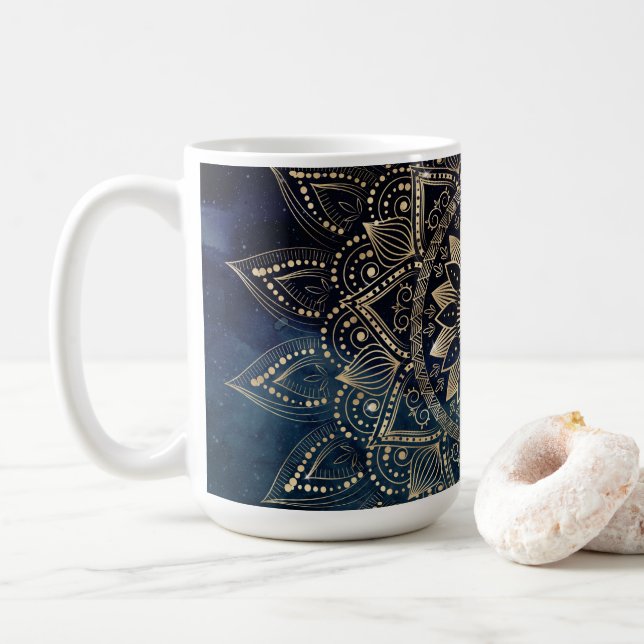 Caneca De Café Galáxia Azul Elegante Dourada Mandala (Com Donut)