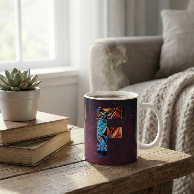 Caneca De Café Galáxia Iridescente: Letra F Holográfica Cósmica (Criador carregado)