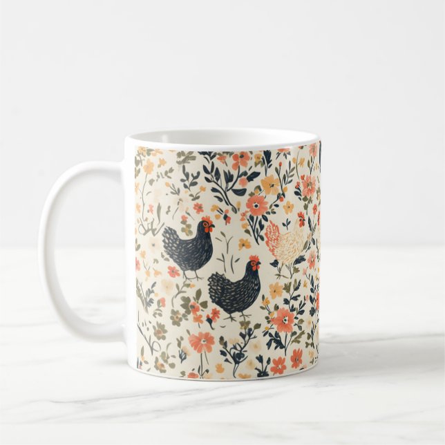 Caneca De Café Galinhas fazendas, Galinhas \ Flores Algodão (Esquerda)