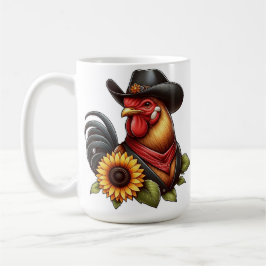 Caneca De Café Galo Colorido em Chapéu de Cowboy com Girassol