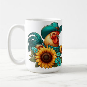 Caneca De Café Galo com Chapéu Teal e Girassóis