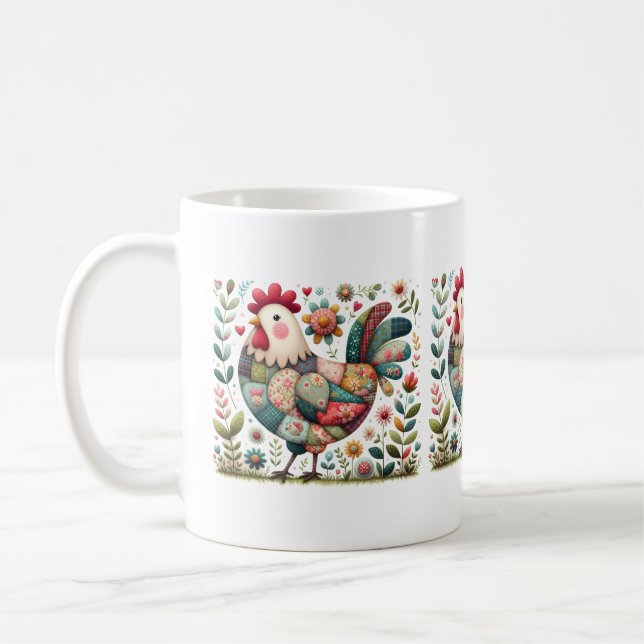 Caneca De Café Galo de Patchwork Folclórico com Acentos Florais (Esquerda)