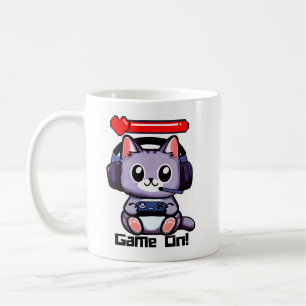 Caneca De Café Game On Gamer Cat Com Bar De Saúde