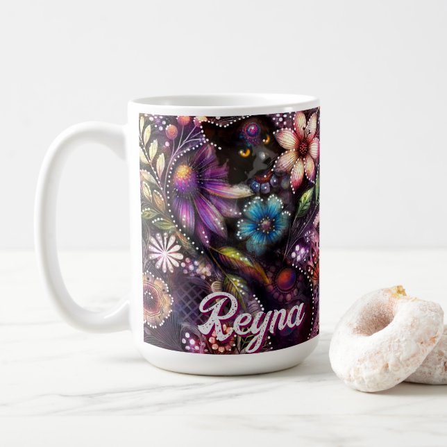 Caneca De Café Garden Kitty Cat Floral Abstract Personalized (Com Donut)