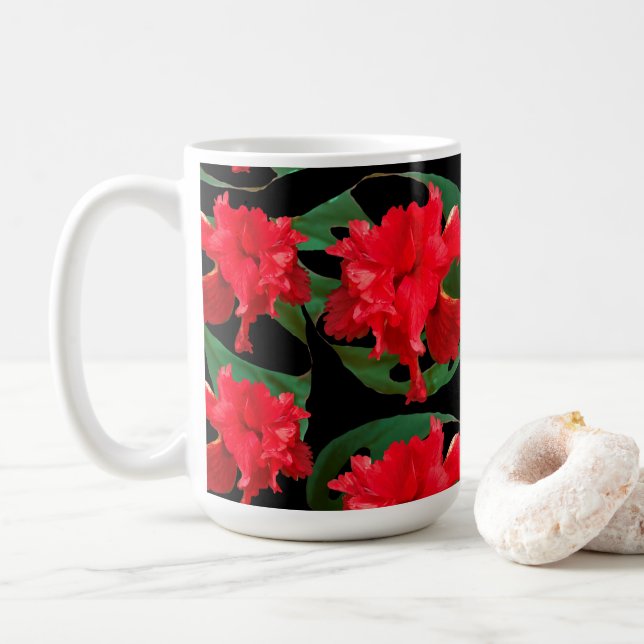 Caneca De Café Gardener Hibiscus Monstera Padrão Preto (Com Donut)