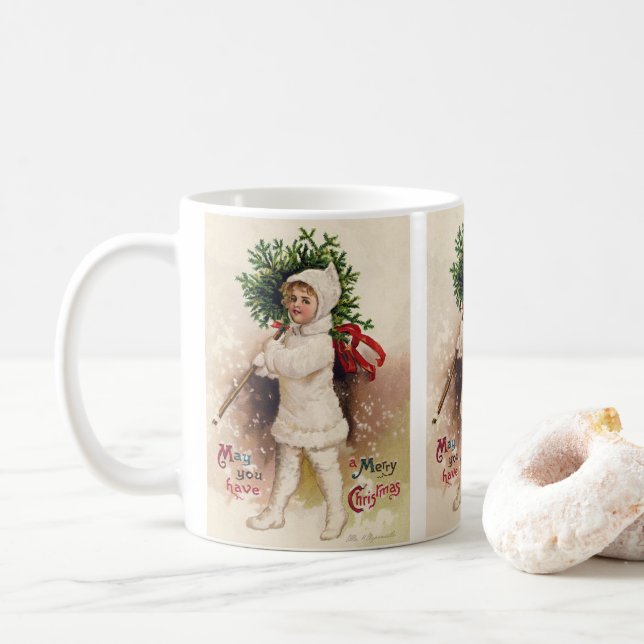 Caneca De Café Garota Antiga com Árvore de Natal, Ellen Clapsaddl (Com Donut)