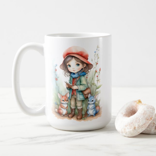 Caneca De Café Garota bonita com amigos de animais em bosque (Com Donut)
