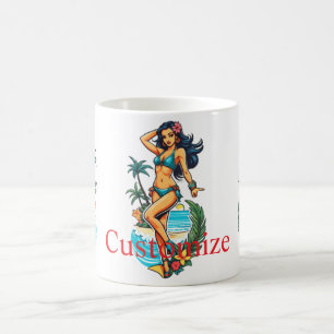 Caneca De Café Garota Bonita de Cabelo Preto de Biquíni na Praia