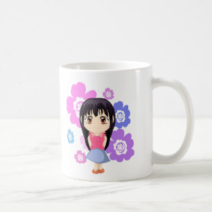 Caneca De Café Garota Chibi Bonita com Flores