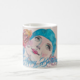 Caneca De Café Garota com Cartão de Aniversário de Beret com Rosa