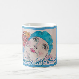 Caneca De Café Garota com Rosa vermelha Beret Watercolor Mug