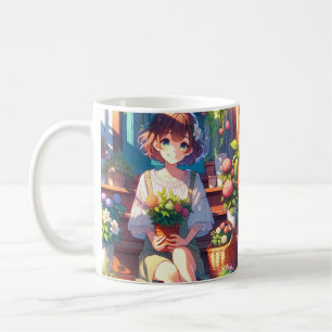 Caneca De Café Garota de Animação Bonita segurando uma Planta