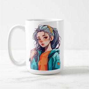 Caneca De Café Garota de Anime Romântica com Cabelo Colorido