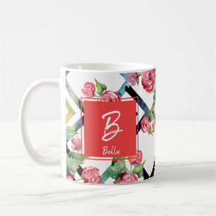 Caneca De Café Garota de Flores de Água com Abstrato Pintado à Mã