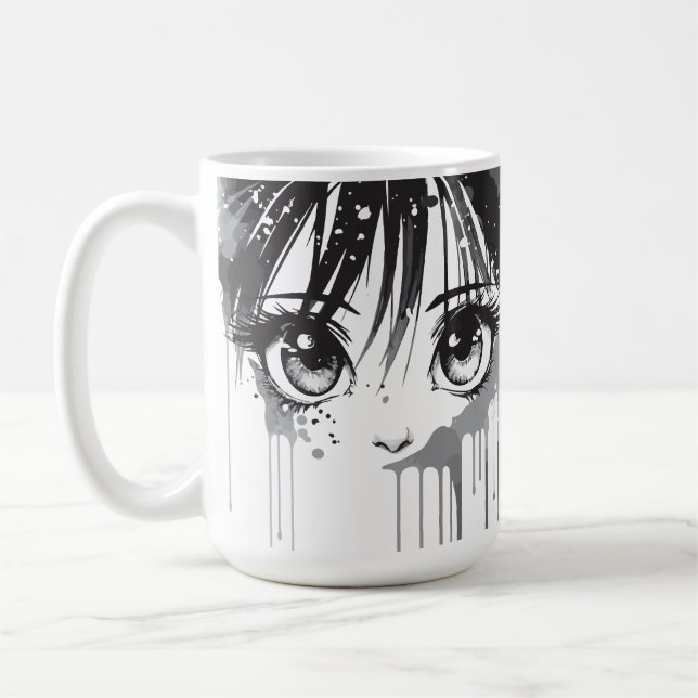 Caneca De Café Garota de Mangá com Olhar Encharcado de Tinta (Esquerda)