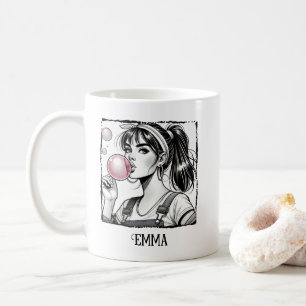 Caneca De Café Garota e bolha bonitas, preto e branco cômico, per