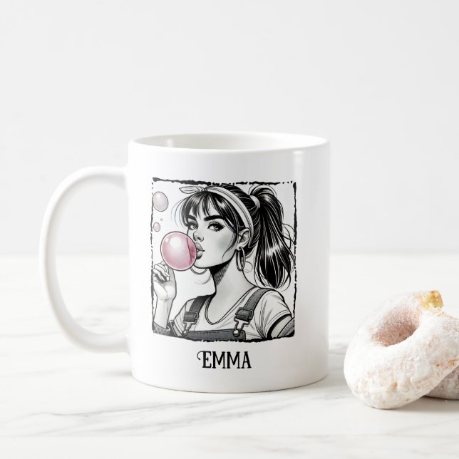 Caneca De Café Garota e bolha bonitas, preto e branco cômico, per (Com Donut)