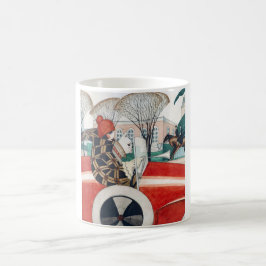 Caneca De Café Garota e Cachorro num Automóvel Vermelho