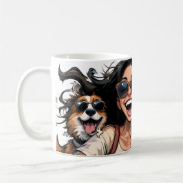 Caneca De Café Garota Feliz E Cachorro Bonito Em Óculos De Sol Co
