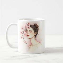 Caneca De Café Garota Flor de Cerejeira – Floral Aquarela