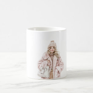Caneca De Café Garota Loira Blush Rosa Chapéu Jaqueta