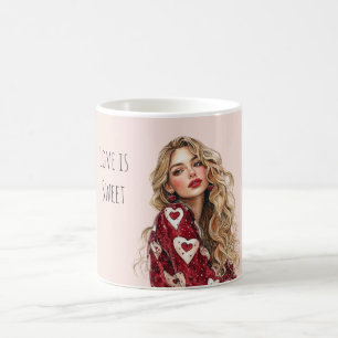 Caneca De Café Garota Loira Corações Vermelhos Dia dos Namorados