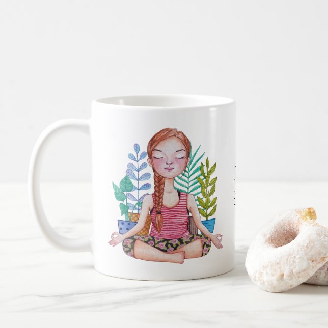 Caneca De Café Garota Meditante Com Plantas (Com Donut)