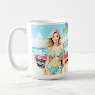 Caneca De Café Garota na praia com um carro clássico