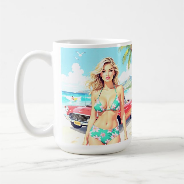 Caneca De Café Garota na praia com um carro clássico (Esquerda)