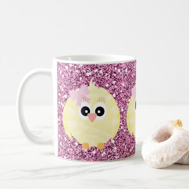 Caneca De Café Garota Pintinho Rosa Faux Glitter (Com Donut)