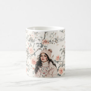 Caneca De Café Garota Romântica de Cabelo Castanho com Chapéu Ros