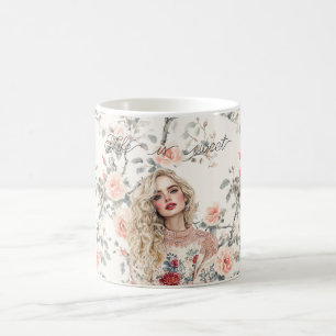 Caneca De Café Garota Romântica de Cabelo Louro Rosas Florais de