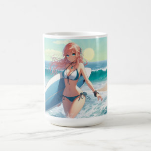 Caneca De Café Garota surfista de anime costeira/náutica/tropical