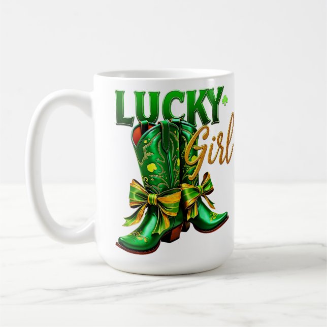 CANECA DE CAFÉ GAROTA VERDE SORTE COM BOTAS OCIDENTAIS BRILHANTES (Esquerda)