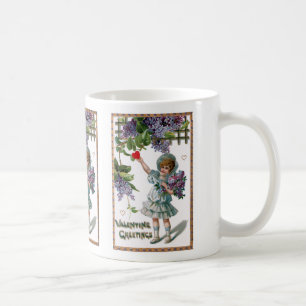 Caneca De Café Garota Vintage com Flores e Saudação de Namorado