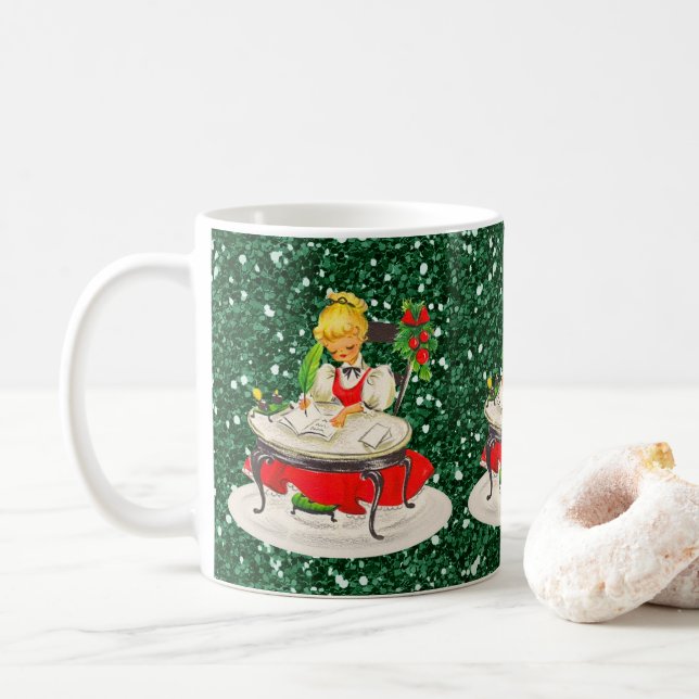 Caneca De Café Garota Vitoriana Escrevendo FauxGlitter Verde (Com Donut)