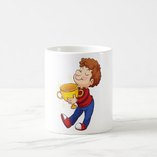 Caneca De Café Garoto que segura Ouro Troféu Prêmio vencedor