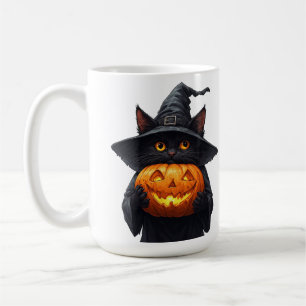 Caneca De Café Gata Bruxa Preta Fofa Segurando Abóbora Brilhante