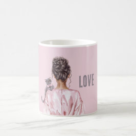 Caneca De Café Gata Cinza Laço Rosa Feminino