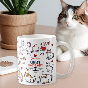 Caneca De Café Gata louca e bonita, desenhada à mão, senhora