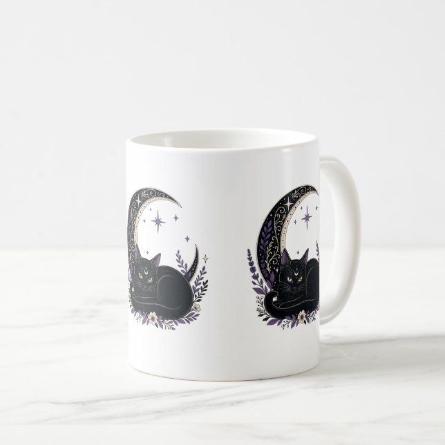 Caneca De Café Gata Preta Mãe Fofo Gótico Bruxa Lua Crescente (Frente Esquerda)