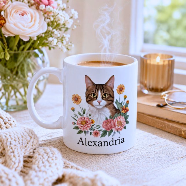 Caneca De Café Gata Tabby Doce com Flores  (Criador carregado)