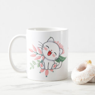 Caneca De Café Gatinho Adorável com Flores Pastel