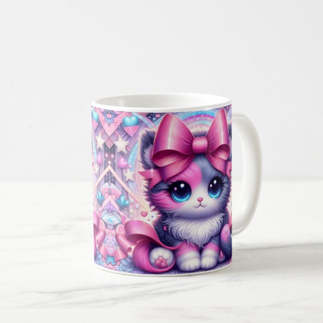 Caneca De Café Gatinho Anime com Laço Rosa (Frente Esquerda)