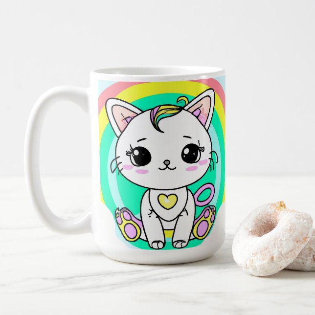 Caneca De Café Gatinho arco-íris (Com Donut)