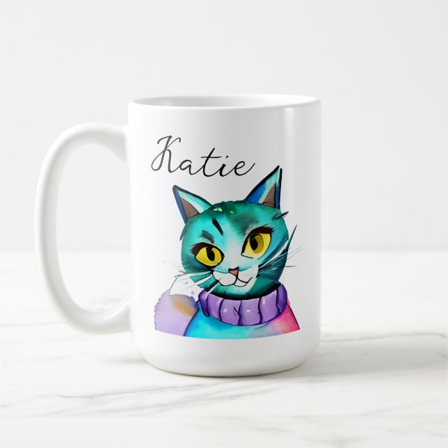 Caneca De Café Gatinho Azul Fofo Personalizado (Esquerda)