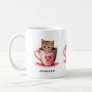 Caneca De Café Gatinho Bonito num Teacup com Corações