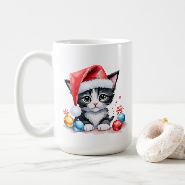 Caneca De Café Gatinho branco e preto no Natal (Com Donut)